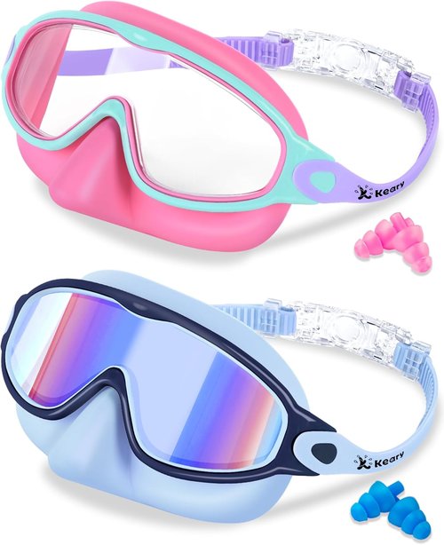 Keary Kids Swim Goggles - Anti-UV & Anti-Fog with Nose Cover | 2 Pack for Ages 3-12