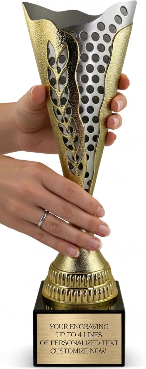 Custom Trophy Cup by [Brand Name] - 14” Tall Engraved Gold & Silver Award for Sports | Personalized MVP Plate