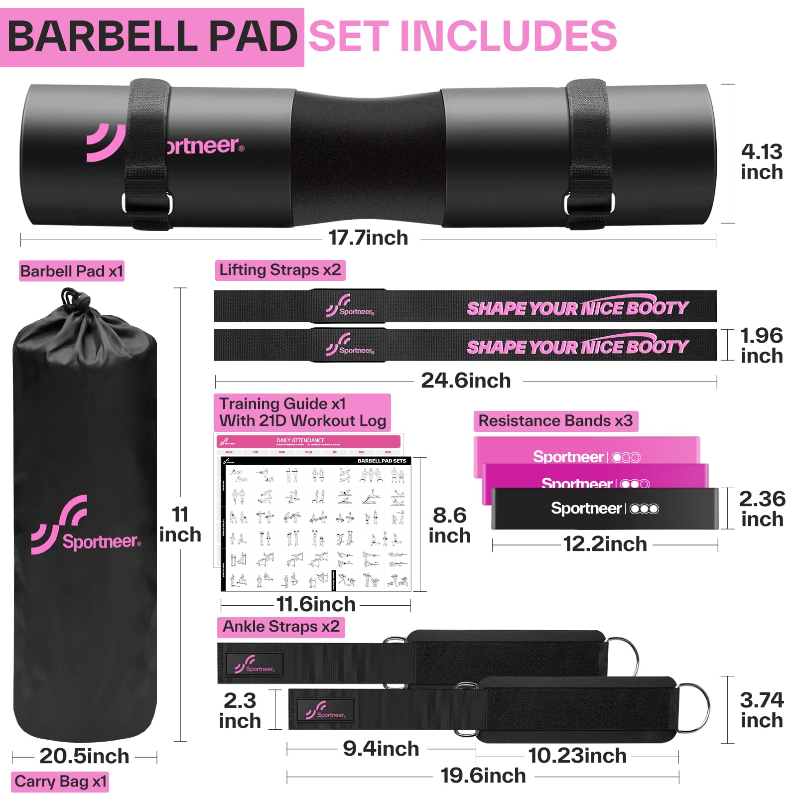 Sportneer Barbell Pad Set: 10 Pcs Squat Pad for Hip Thrusts, Lunges, Leg Day, Standard Olympic Bars with 2 Ankle Straps, 2 Lifting Straps, 3 Resistance Bands, Barbell Pad, Workout Poster and Carry Bag