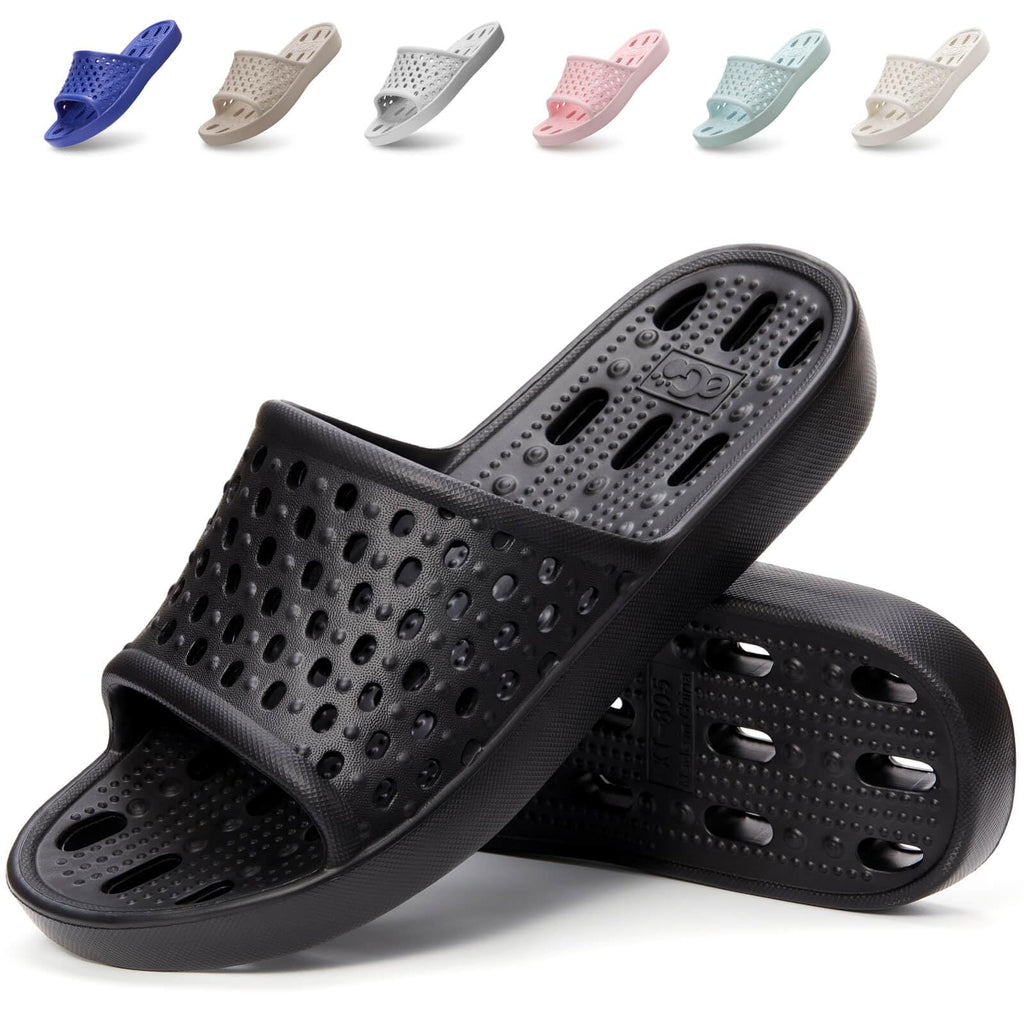 Xomiboe Shower Shoes for Men Women, Non Slip Quick Dry Shower Sandals with Drain Holes, Lightweight EVA Shower Slippers for Gym, College Dorm, Pool, Locker Room Black EU44-45