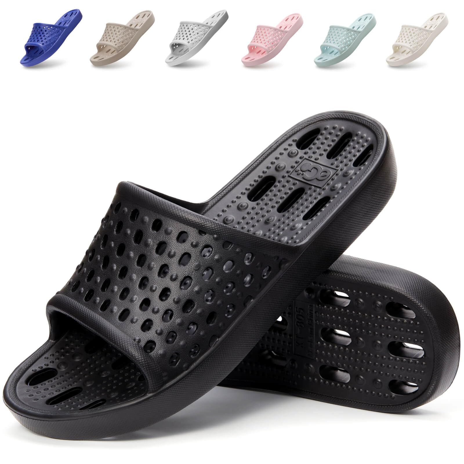Xomiboe Shower Shoes for Men Women, Non Slip Quick Dry Shower Sandals with Drain Holes, Lightweight EVA Shower Slippers for Gym, College Dorm, Pool, Locker Room Black EU44-45