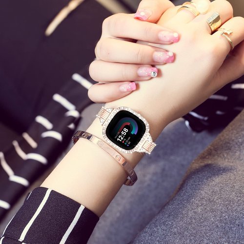 MOFREE Compatible for Fitbit Versa 4 Bands/Fitbit Sense 2 Bands Women with Hard Bling Bumper Protective Case Cover, Dressy Jewelry Diamond Rhinestone Metal Wristband for Fitbit Versa 4/Sense 2 (Rose