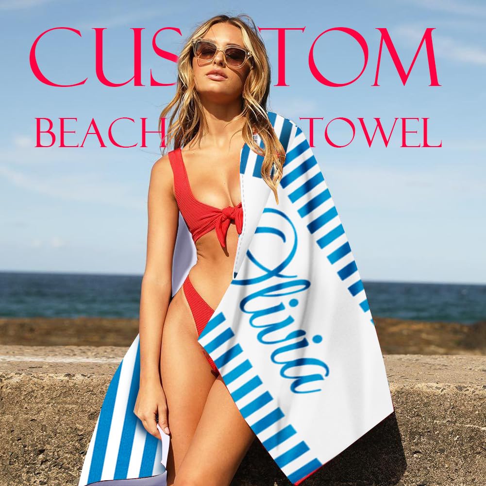 Dreamdecor Custom Beach Towel with Name Striped Kids Personalized Beach Towels for Swimming Pool Vacation Graduation Gifts Microfiber Sand Free Fast Drying Beach Towel for Adults Women Men