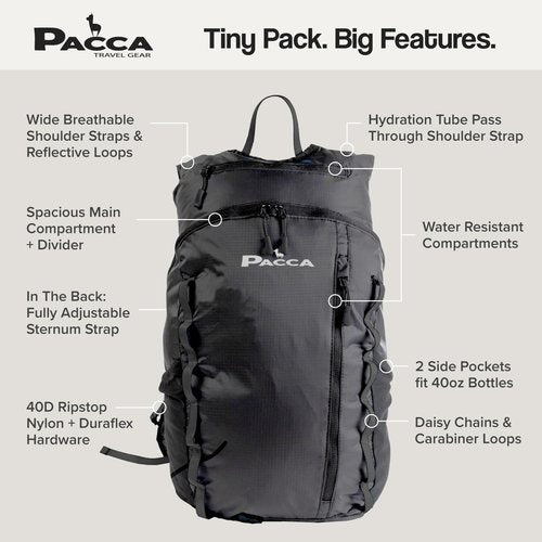 Pacca Onda 20L Packable Lightweight Foldable Backpack for Travel, Camping, Outdoor, Hiking Pocket Backpack (Black)