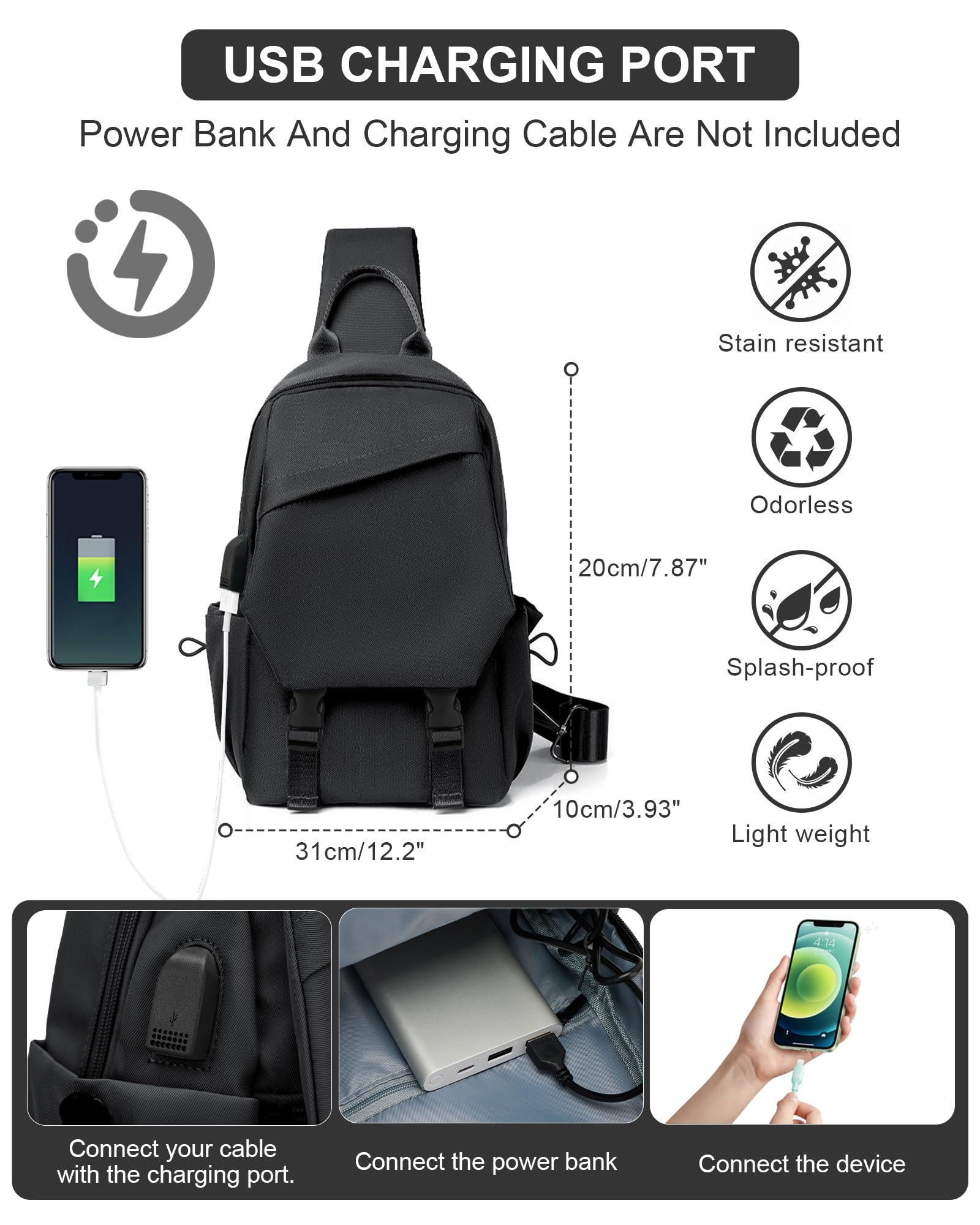 SEAFEW Black Sling Bag for Men Women, Mini Anti Theft One Strap Motorcycle Sling Backpack, Small Sling Chest Bag Daypack Crossbody Backpack for Casual Travel Hiking Gym Outdoor Sports