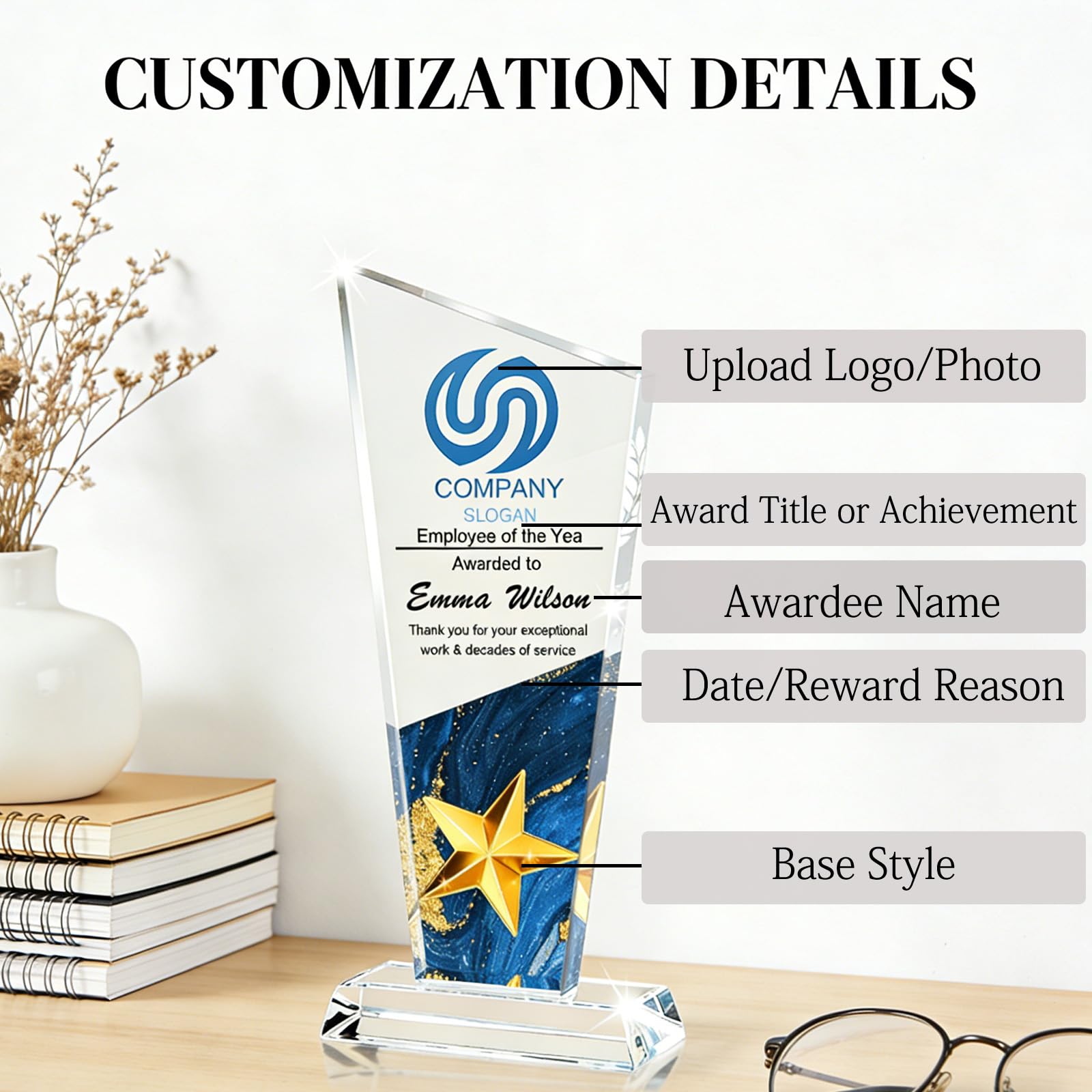 Morlavid Personalized Crystal Trophy Award Custom Crystal Plaques with Logo/Photo/Name for Employee Recognition Retirement Team Achievements Leadership,Style 2