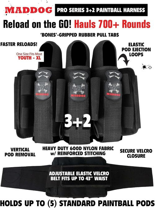 Maddog Pro Paintball Pod Pack Harness - Adjustable Ejection Belt for 3+2, 4+3, 5+4 Configurations