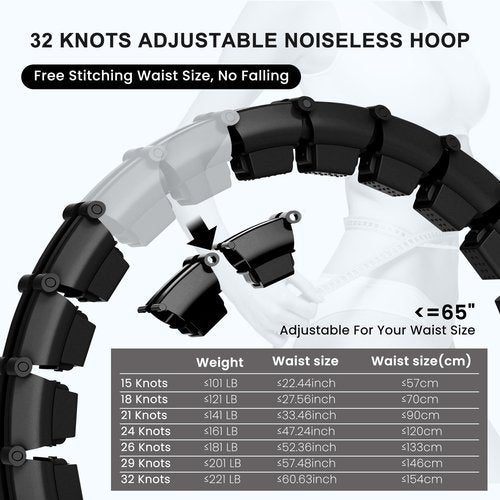 HCOIW Plus Size Silent Weighted Hula Infinity Fitness Detachable Hoops 65-Inch 32 Knot, Smart Noiseless Infinity Hula for Women, 2-in-1 Waist and Abdominal Home Workout Equipment, Black