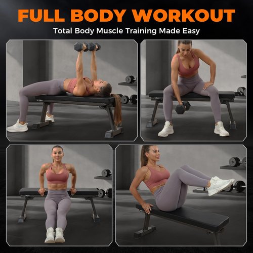 BODY RHYTHM Semi-Commercial Foldable Flat Bench for Multi-Purpose Weight Training and Ab Workout, Flat Weight Workout Exercise Bench with 1000lb Weight Capacity for Strength Training Bench Press, Suitable for Home and Gym.