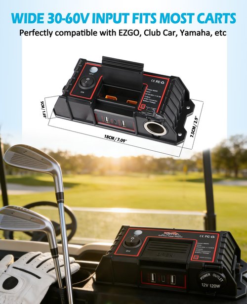 400W Golf Cart USB Charging Port with XT60 Port, 12V 120W Cigarette Lighter & 3 USB Quick Charge 3.0 Power Socket Adapter for 36V/48V EZGO Club Car Yamaha, No Drill Installation Golf Cart Accessories