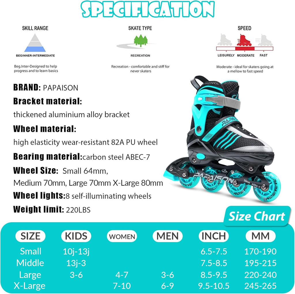 PAPAISON Adjustable Inline Skates - Light-Up Roller Skates for Kids Ages 4-16 | Perfect for Outdoor Fun