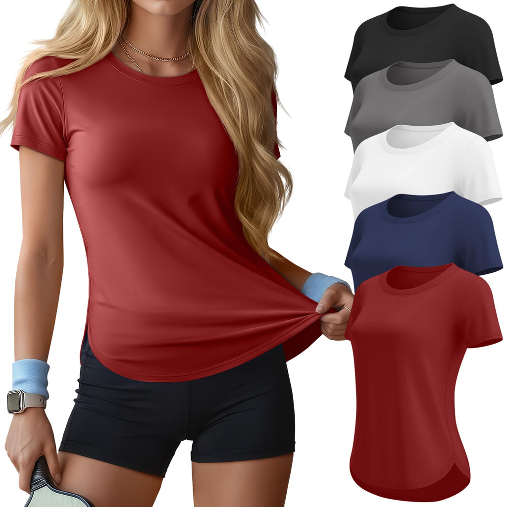 Velvelhall 5 Pack Women's Workout Shirts Athletic Yoga Gym Exercise Tops Quick Dry UPF 50+ Short Sleeve Tee Multipack(X-Large,Black, Gray, White, Navy Blue, Wine Red)