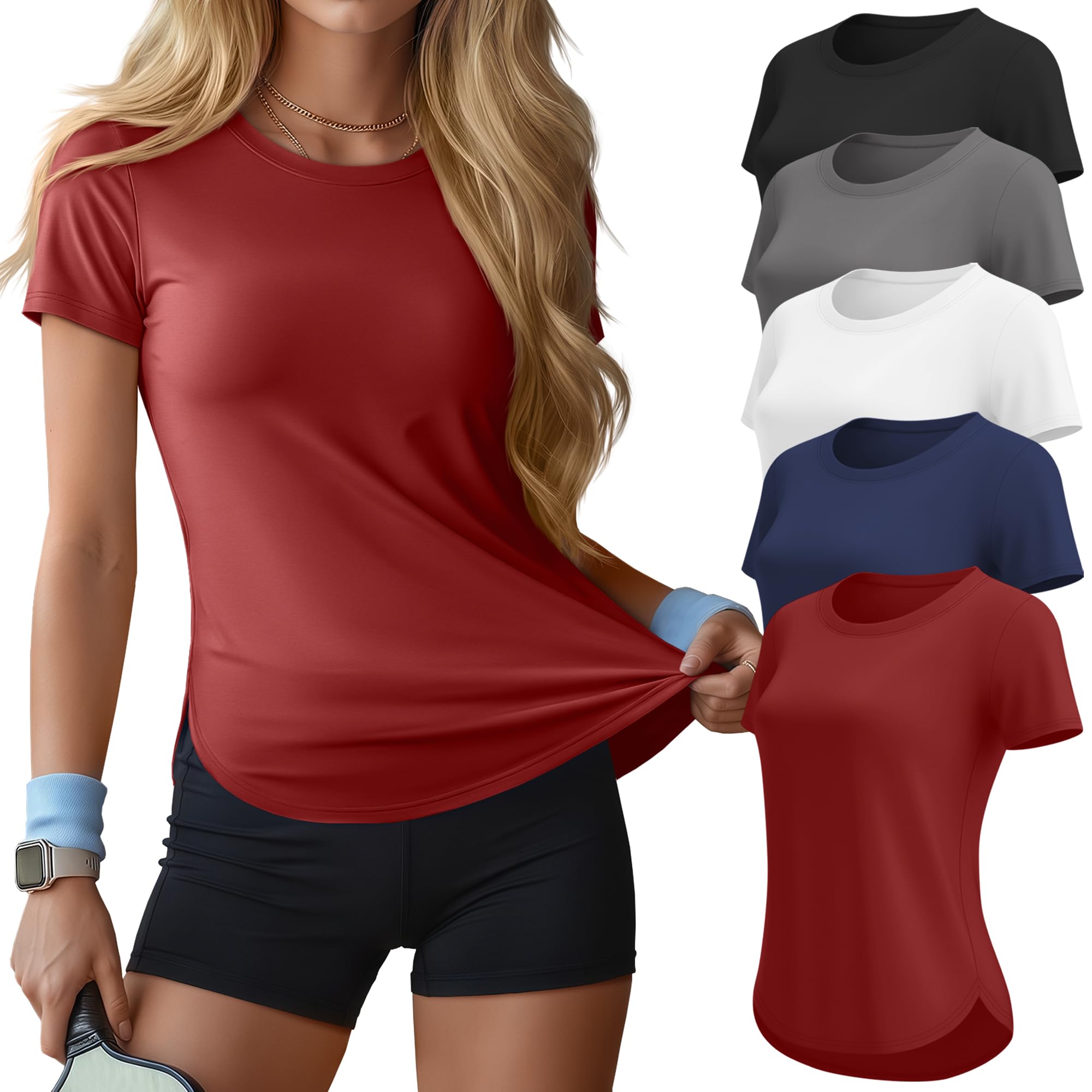 Velvelhall 5 Pack Women's Workout Shirts Athletic Yoga Gym Exercise Tops Quick Dry UPF 50+ Short Sleeve Tee Multipack(X-Large,Black, Gray, White, Navy Blue, Wine Red)