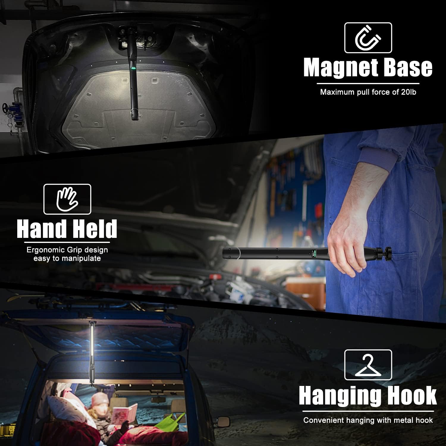 XTAUTO LED Work Light - 600LM Rechargeable COB Inspection Lamp | Portable Magnetic Base for Car Repair & Camping