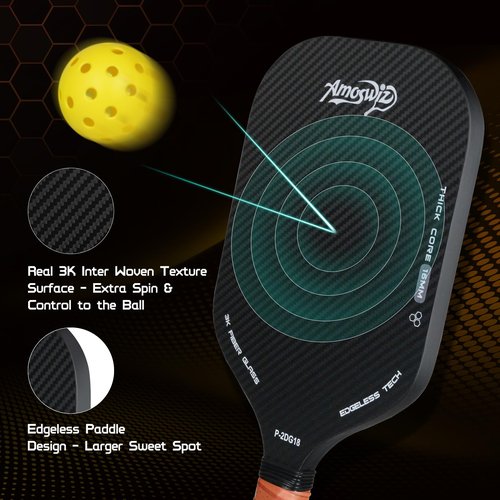 Amoswiz Pickleball Paddles Set of 4, 16MM Edgeless Pickle Ball Paddle with 4 Balls, Real 3K Carbon Surface for Spin & Control, Suit for Indoor & Outdoor Play