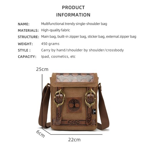 SV SENVAN Medieval Renaissance Crossbody Bag – Viking Steampunk Canvas Sling Pack，Brown Embossed with Metal LARP, Travel & Urban Adventures