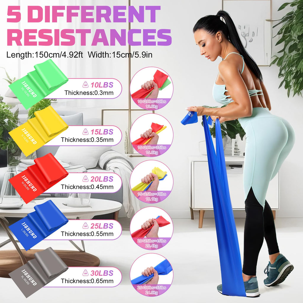 Resistance Bands Set, 5 Pcs Exercise Bands Long 150cm Workout Bands Stretch Bands for Exercise Elastic Band for Yoga Pilates Fitness Home Gym