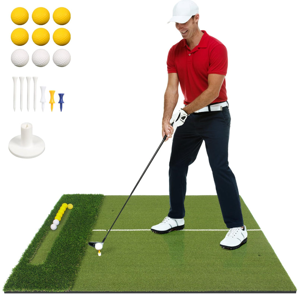 WYDHven 5x4 Ft Golf Hitting Mat for Indoor and Outdoor Practice, 23mm/47mm Premium Dual Turf Surface with Fairway and Rough, Golf Practice Mat with 9 Golf Balls, for Golfers