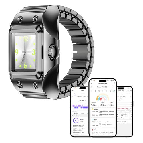 Yihou Smart Watch Ring Clock Ring for Women Men Quartz Analog Finger Watch with Heart Rate Monitor Sleep Track Sport Receord with Adjustable Band Black