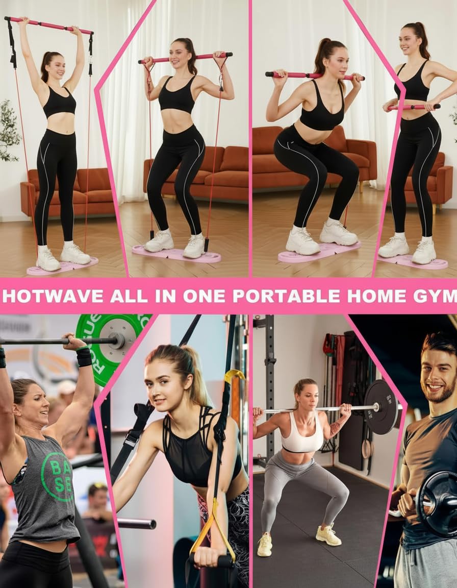 HOTWAVE Portable Exercise Equipment with 16 Gym Accessories.Resistance Bands with Fitness Squat Bar&Ab Wheel,Full Body Workout at Home