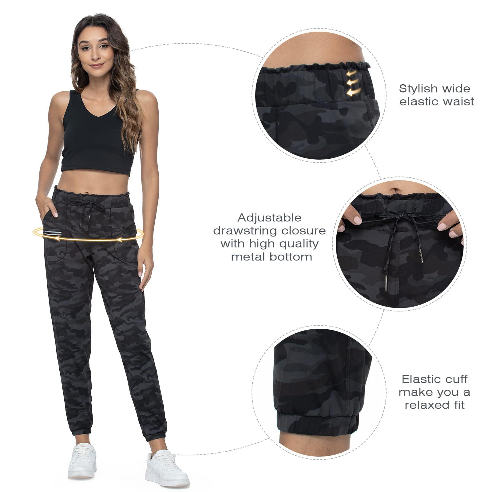 Haowind Joggers for Women with Pockets Elastic Waist Workout Sport Gym Pants Comfy Lounge Yoga Running Pants(Black Ash Camo XS)