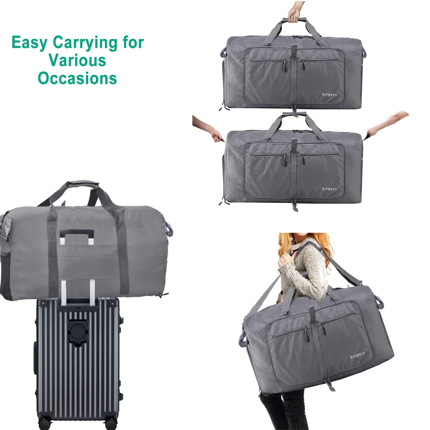 Woogwin Travel Duffel Bag Large Foldable Waterproof Overnight Bag for Beach Swim Bags Pool Sports Gym (100L Grey)