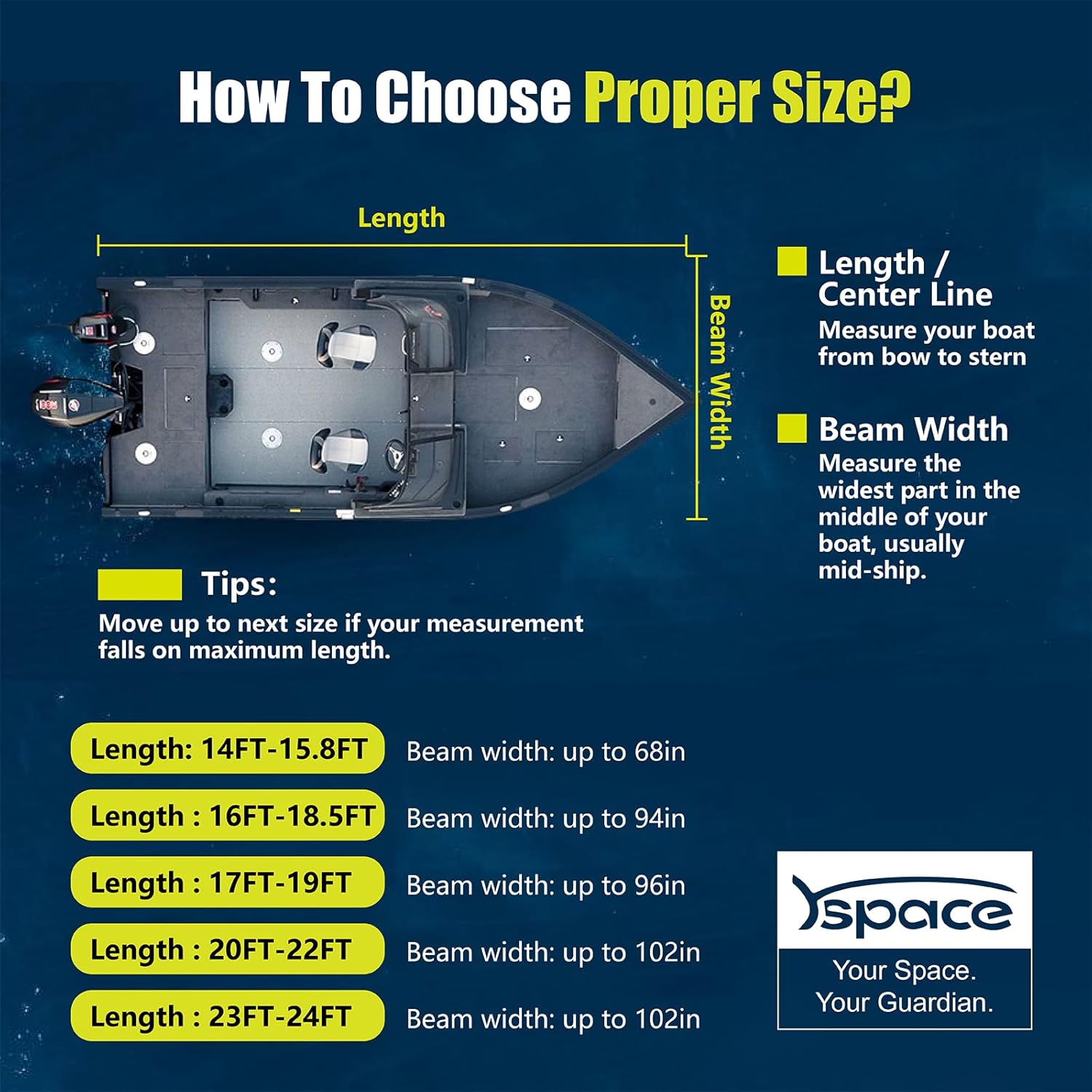 YSPACE Boat Cover - 17-19ft Heavy Duty Waterproof 1200D with Reflective Strips & Storage Bag | Fits V-Hull & Fishing Boats Up to 96" Wide