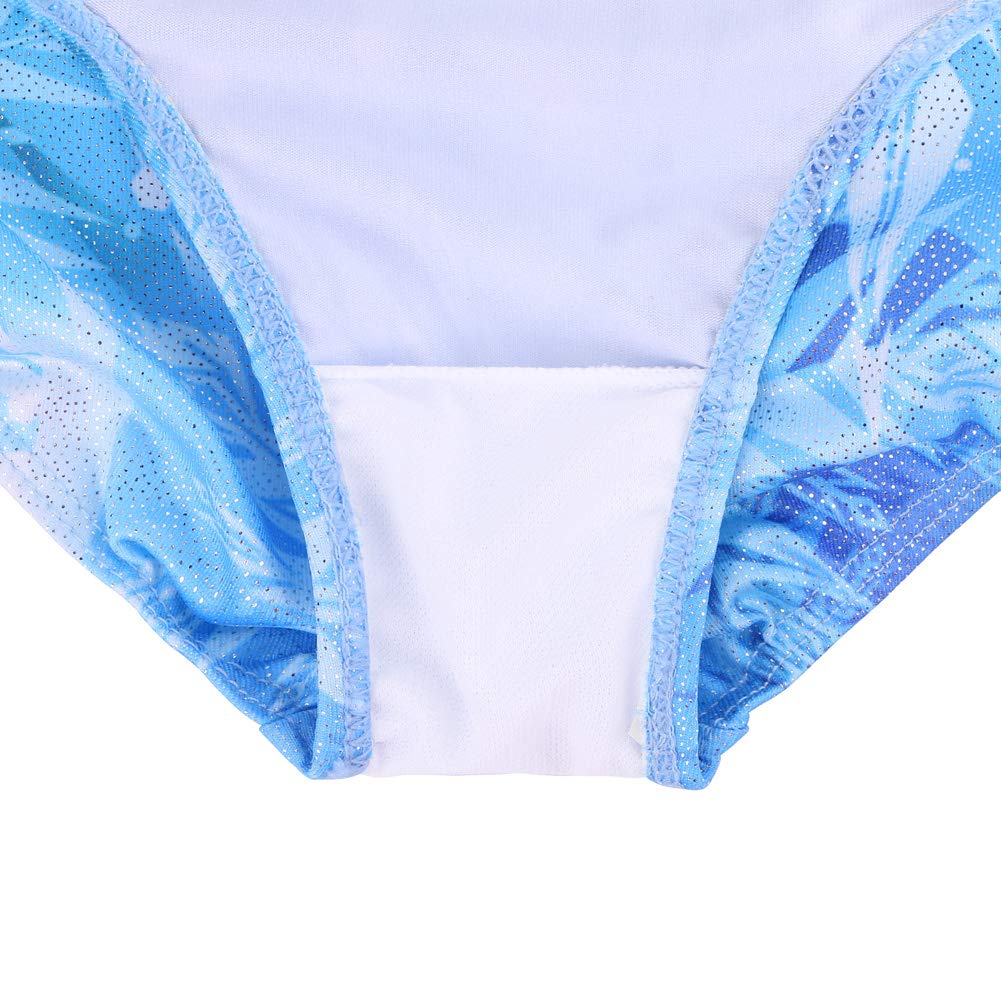 TFJH E Girls Gymnastics Leotard 3/4 Sleeve Metallic Sequin Mesh Dance Practice Outfit, Snowflake Blue, Size 5-6Y