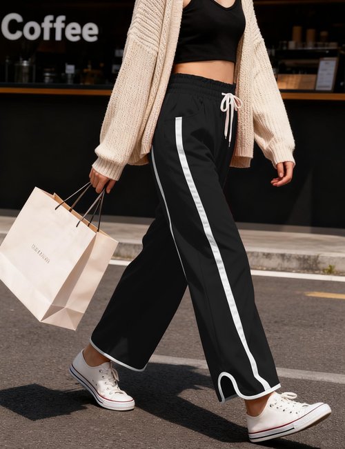 Enaisyl Women's High Waist Wide Leg Pants Striped Elastic Waist Track Pants Y2K Lightweight Baggy Streetwear with Pockets Black