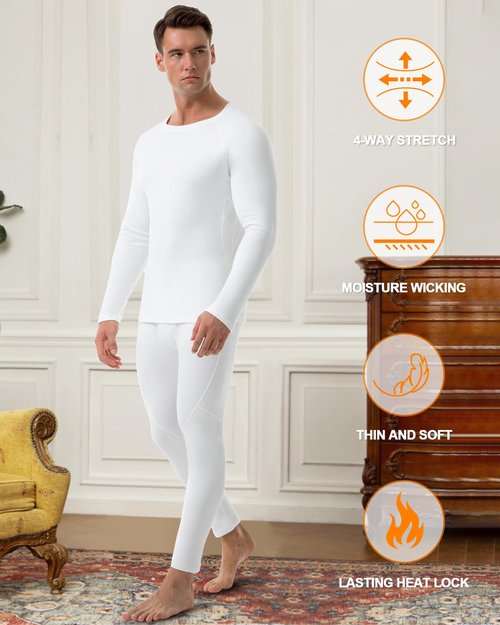 Runhit Long Johns Thermal Underwear for Men Cold Weather Long Underwear Fleece Lined Base Layer Thermal Pants and Shirts Set (Crewneck,White,Large)
