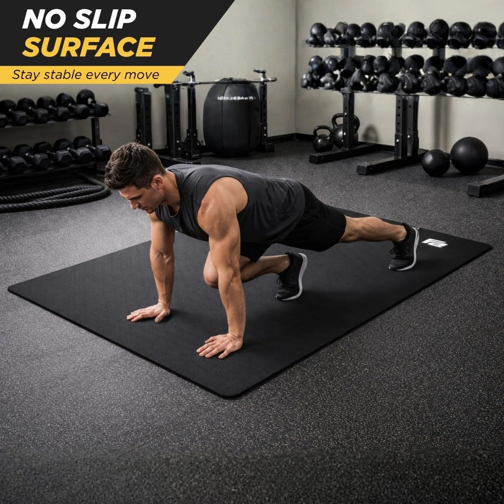 Fit Active Sports Oversized 6’ x 4’ Extra Large Workout Mat with Carry Bag & Straps — Heavy-Duty, Non-Slip Exercise & Equipment Large Mat for Home Gyms, Lifting & Training, Roll-Up | Black