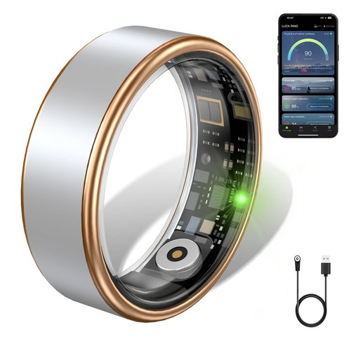 Jojovenusmall Smart Ring for Women & Men - IP68 Waterproof Fitness Tracker with Long Lasting Batteries, 28-Language App, Sleep/Step/Heart Rate Monitor, Compatible with iOS & Android (Gold & Silver, 9)