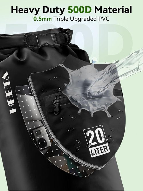 HEETA Waterproof Dry Bag - Lightweight Roll Top Storage with Zippered Pocket | 5L/10L/20L/30L/40L for Travel, Kayaking, Camping