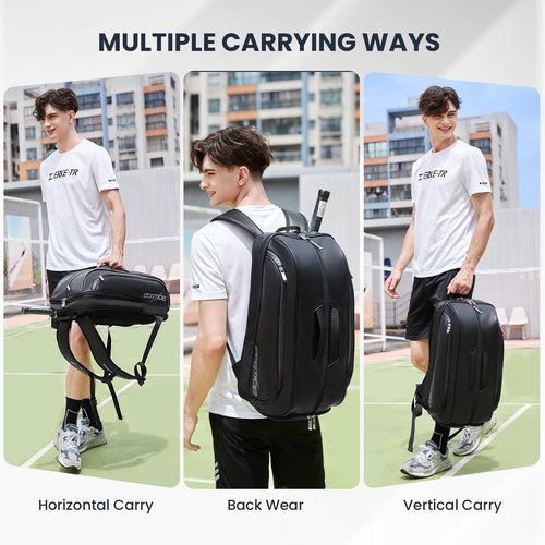 CCGTIOR Tennis Bags Convertible Padel Backpack - Duffle Bag For Paddles & Pickleball Accessories - Laptop Sleeve, Ball Sleeve, Fence Hook, Easy Access,Shoe Compartment (Black)