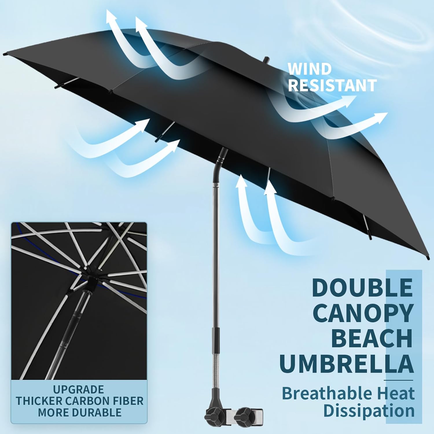 Skiennix 48.6" Double Canopy Umbrella - UPF50+ Beach Chair Umbrella with Clamp & 360° Adjustment | Black