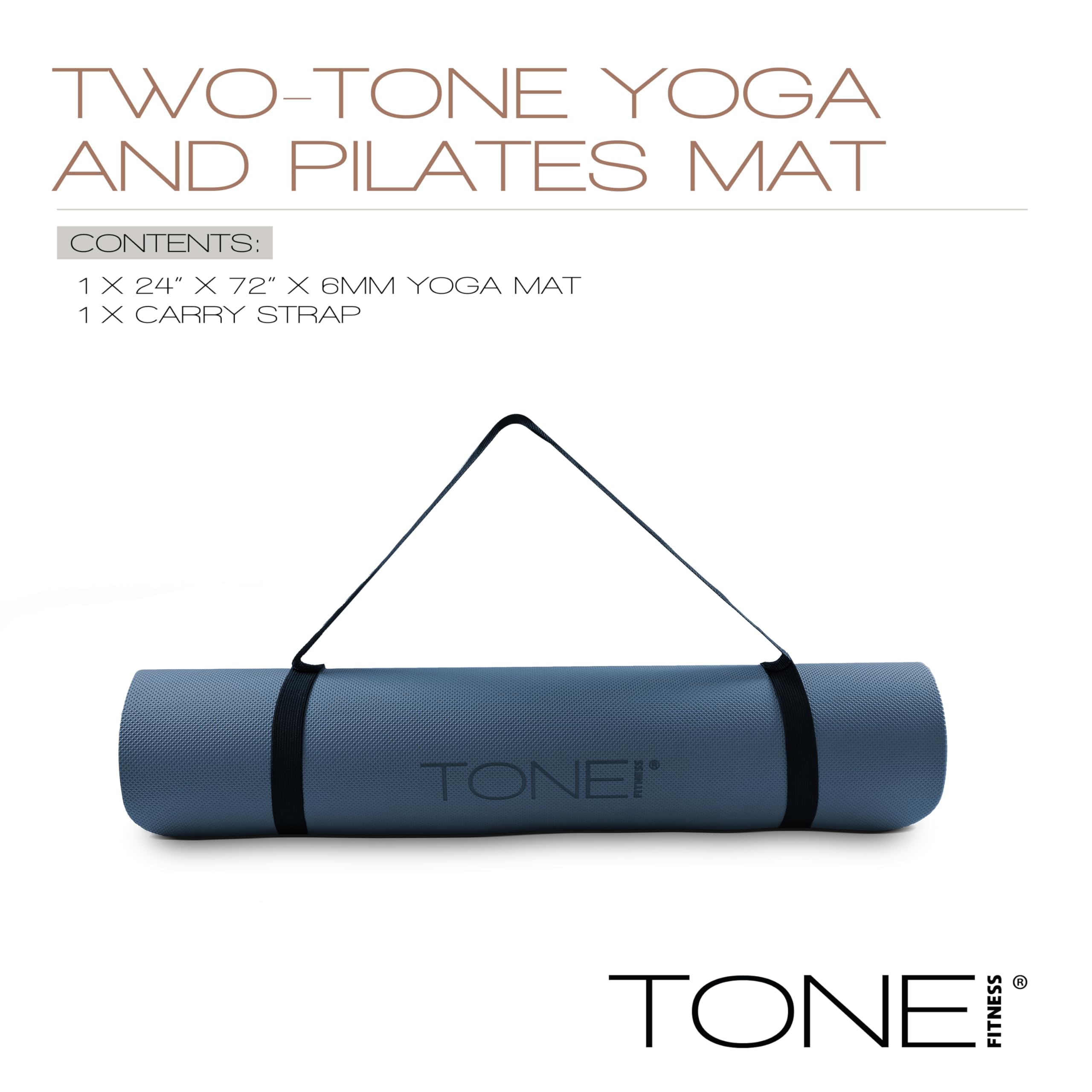 TONE Fitness Yoga Mat 1/4" Thick Non Slip Exercise & Pilates Mat for Home Workouts with Carrying Strap | V Pattern | Black/Blue