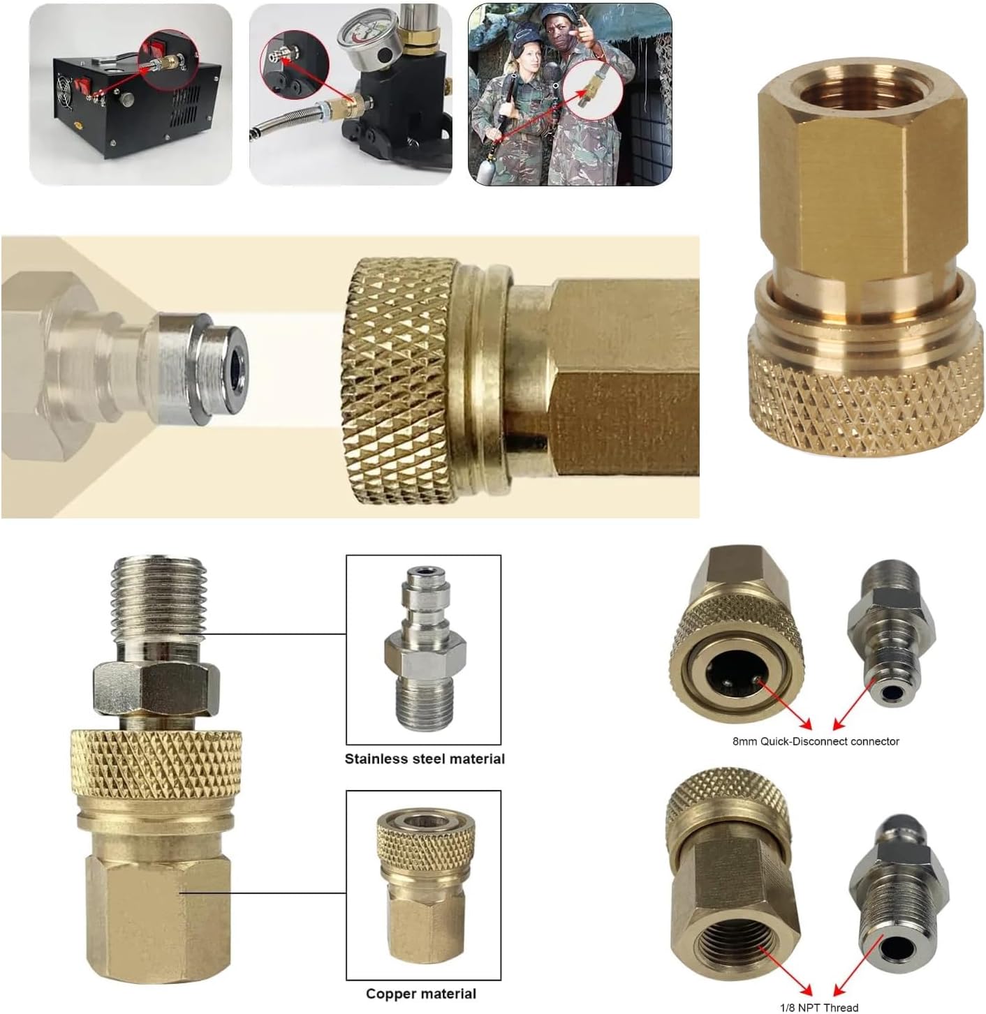 Skiennix 8mm Quick Disconnect to 1/8 NPT Adapter Set - High Pressure Air Compressor Connector