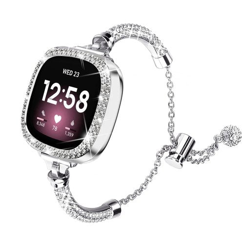 Bling Band And Case Compatible with Fitbit Versa 4/ Fitbit Sense 2 for Women, Metal Stainless Steel Wristband Replacement for Fibit Sense 2/Versa 4 (Silver)