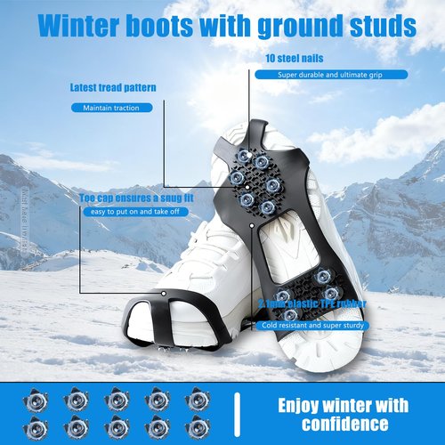 1 Pairs Epoxy Shoe Spikes for Snow and Ice - Non Slip Roof Shoes & Snow Shoes Gripper, Durable Ice Traction Cleats with 8 Steel Studs Crampons, Universal Walk Traction Grips for Shoes, Black XL
