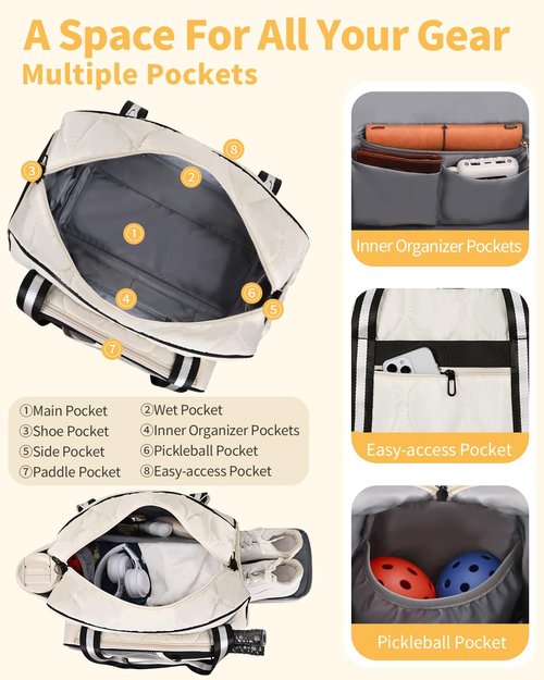 Jetviivid Pickleball Bag for Women with Paddle Cover Pocket-Fits 2 paddles, Puffer Pickleball Tote with Shoe Compartment, Adjustable Shoulder Strap & Fence Hook