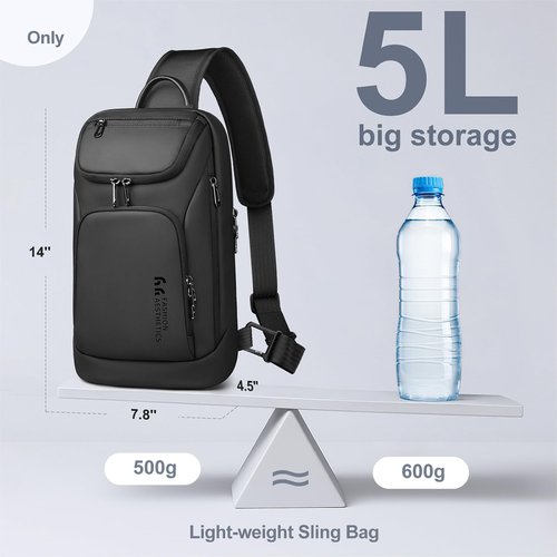 hk Sling Bag for Man, Waterproof Utility Crossbody Bag with Anti-theft Pocket for Men, Sling Backpack for Daily Commute, Work, College, 14 * 7.8 * 4.5 inches，Black