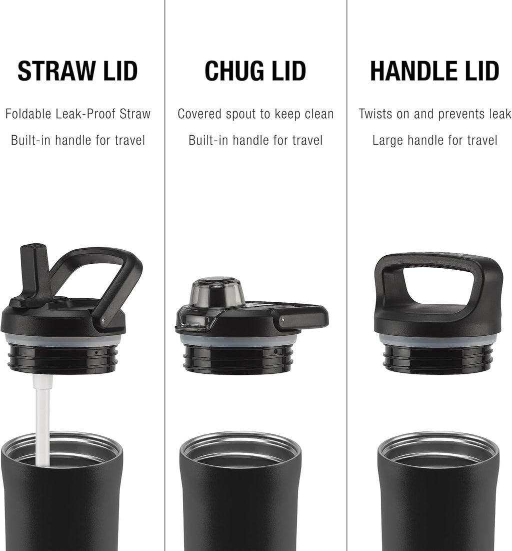 ZULU Base 32oz Stainless Steel Water Bottle - Double Walled, Vacuum Insulated | 3 Lids Included, Black