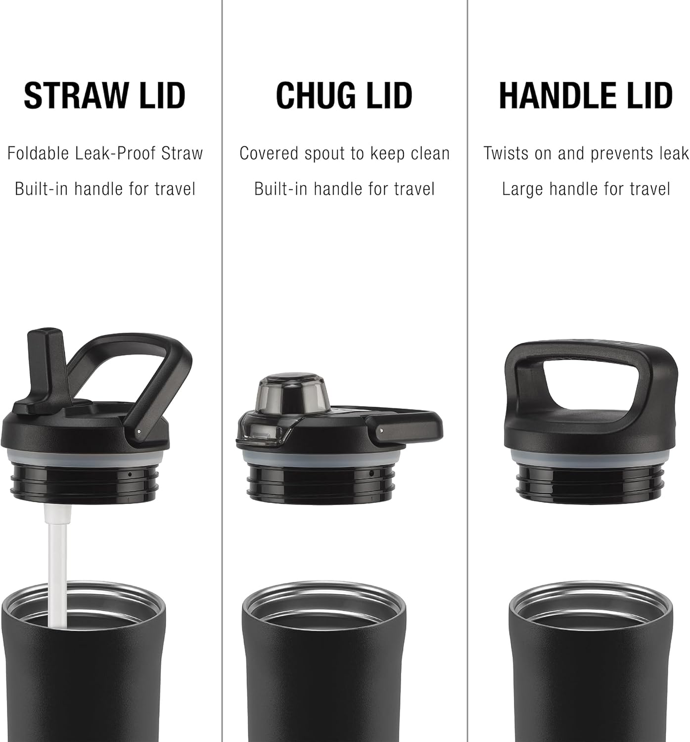ZULU Base 32oz Stainless Steel Water Bottle - Double Walled, Vacuum Insulated | 3 Lids Included, Black