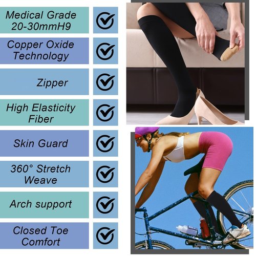 Tarpop 4 Pair Zipper Compression Socks Closed Toe 20-30 Mmhg Calf Knee High Compression Stocking for Men Women Swelling Edema (Large / X-Large,Yin-yang Pattern)