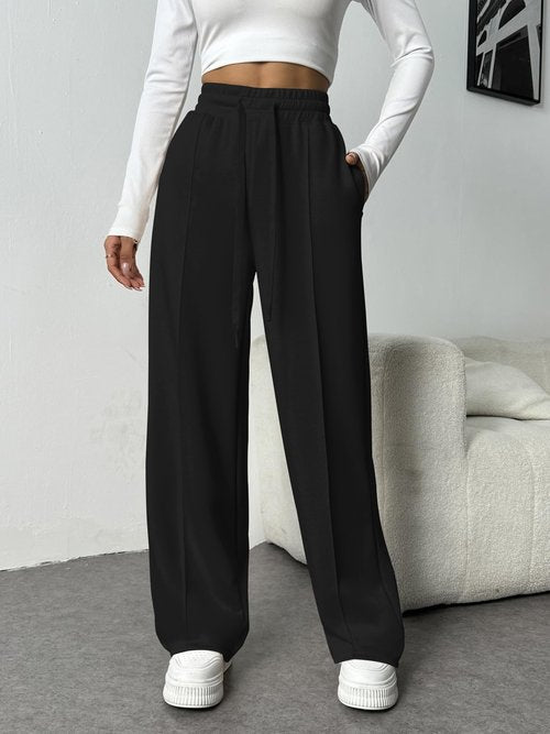 PINSPARK Women's Wide Leg Sweatpants Soft High Waisted Athletic Pants Straight Leg Workout Running Sweat Pant with 2 Pockets Black TL