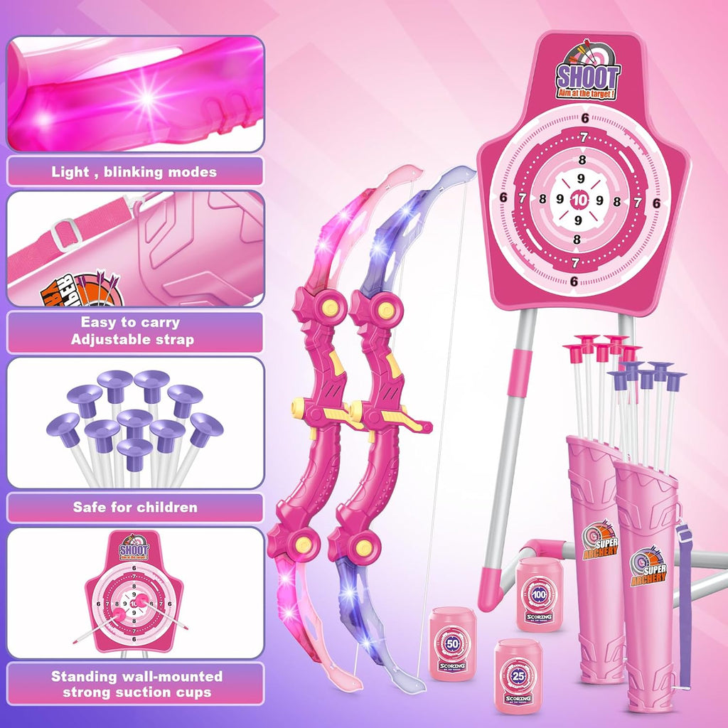 SpringFlower Archery Set - 2 Bow and Arrow Sets with LED Lights & Foam Dart Guns | Perfect Gift for Kids 5-10+ Years