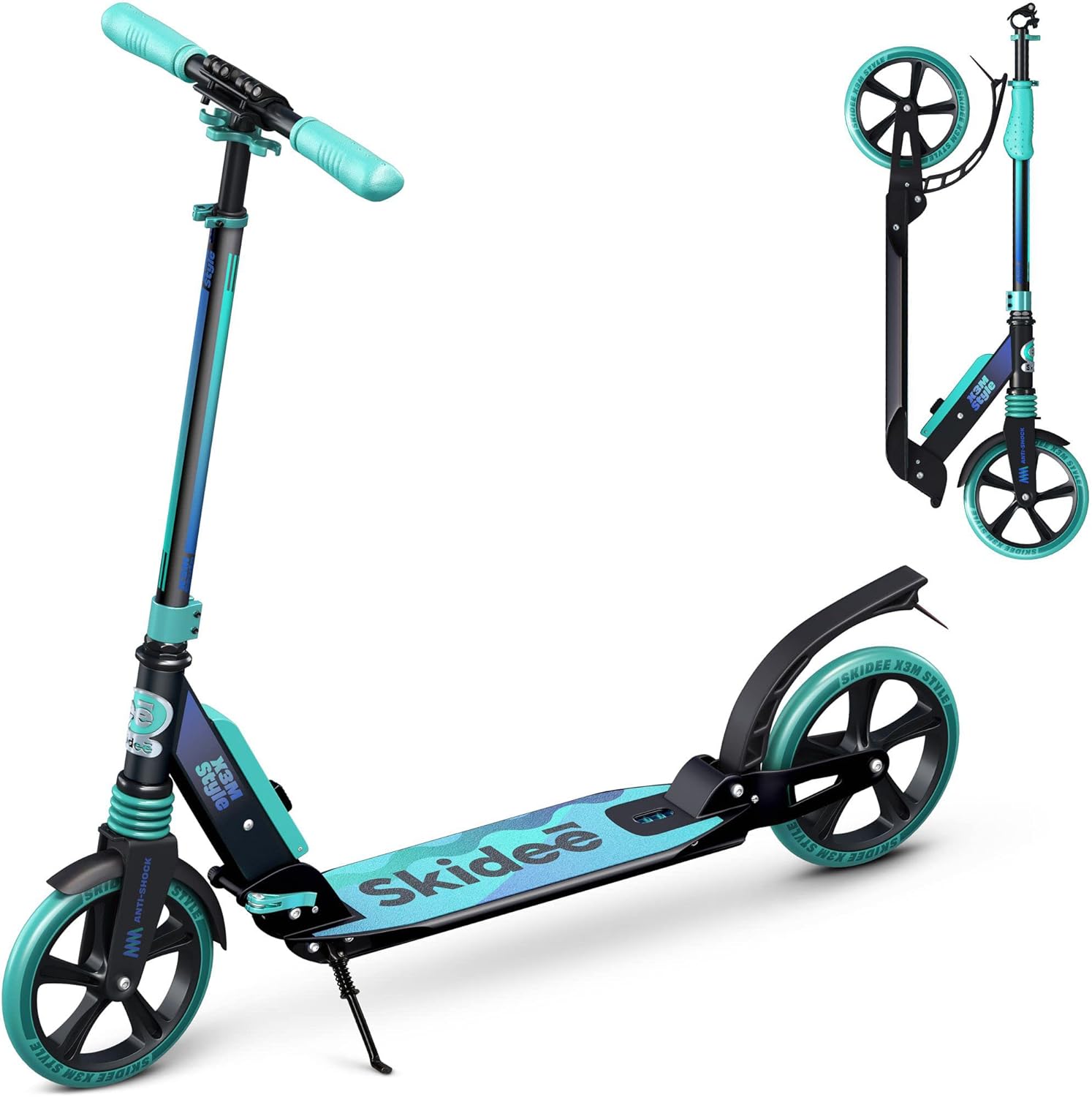 Skidee Scooter for Adults & Teens - Adjustable Height, Lightweight, Durable, Anti-Shock Suspension, Large Wheels, 220 lbs Capacity