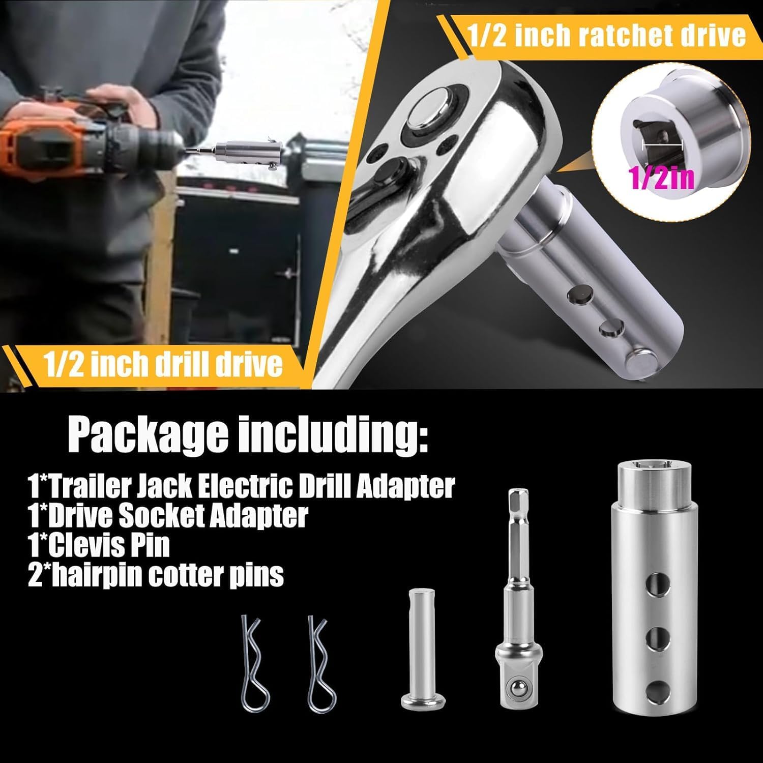 Skiennix Trailer Jack Drill Adapter - Stainless Steel Handle for 1 Inch Drive Shaft | Cordless Drill Compatible