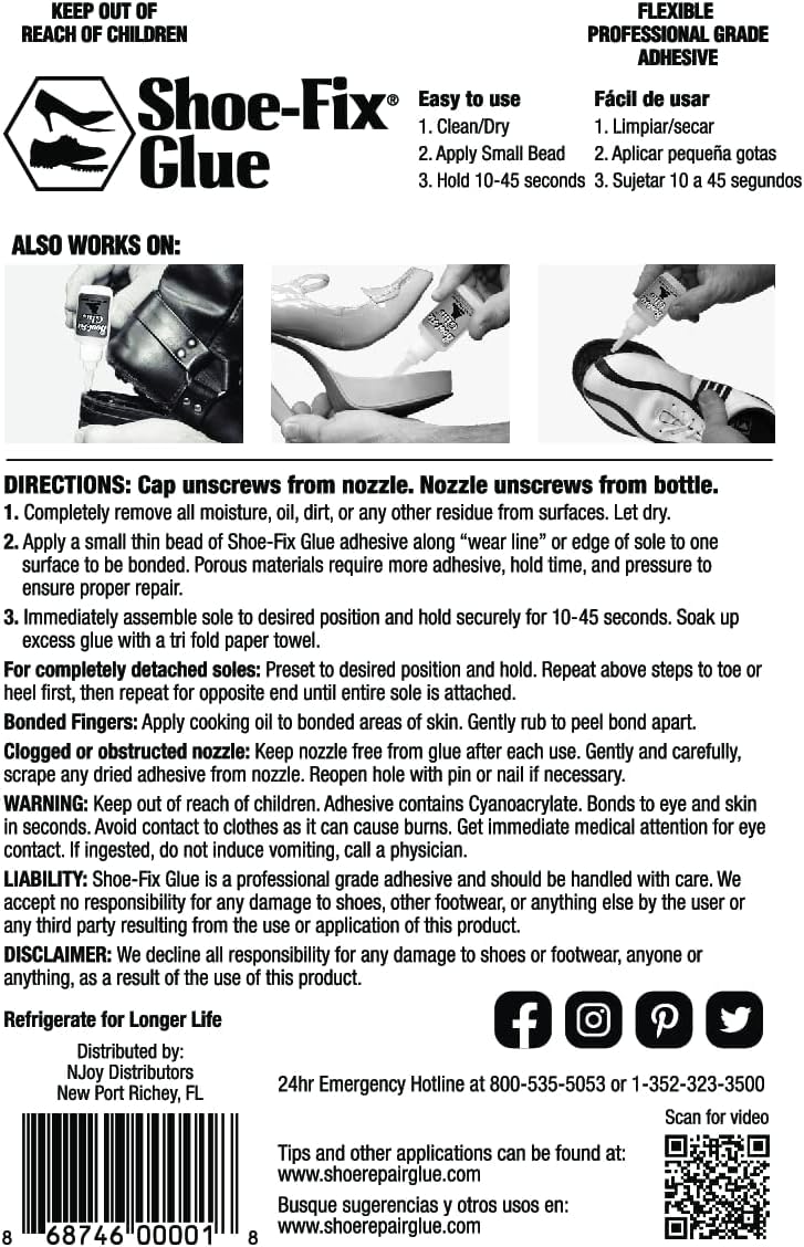Shoe-Fix Professional Grade Shoe Repair Glue - Instant Bond, Clear Drying & Flexible Adhesive (20g Tube)