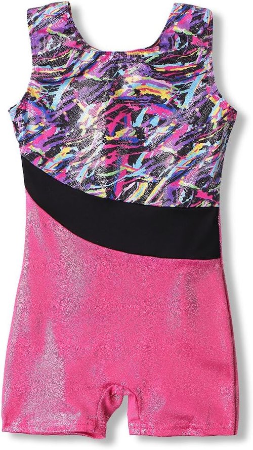 HOZIY Gymnastics Leotards for Girls - Snowflake Ribbon Design in Blue, Purple & Hot Pink Sparkle